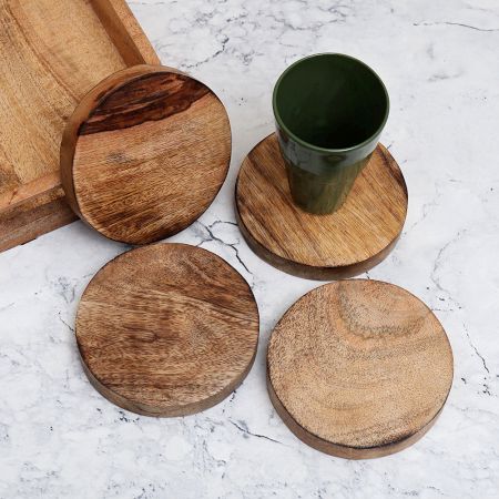 Antique Brown Circle Shaped Wooden Coasters - Pack of 4